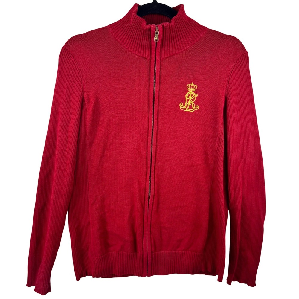 Vintage Lauren Ralph Lauren Full Zip Sweater Women Large Red Embroidered Logo - Picture 2 of 11